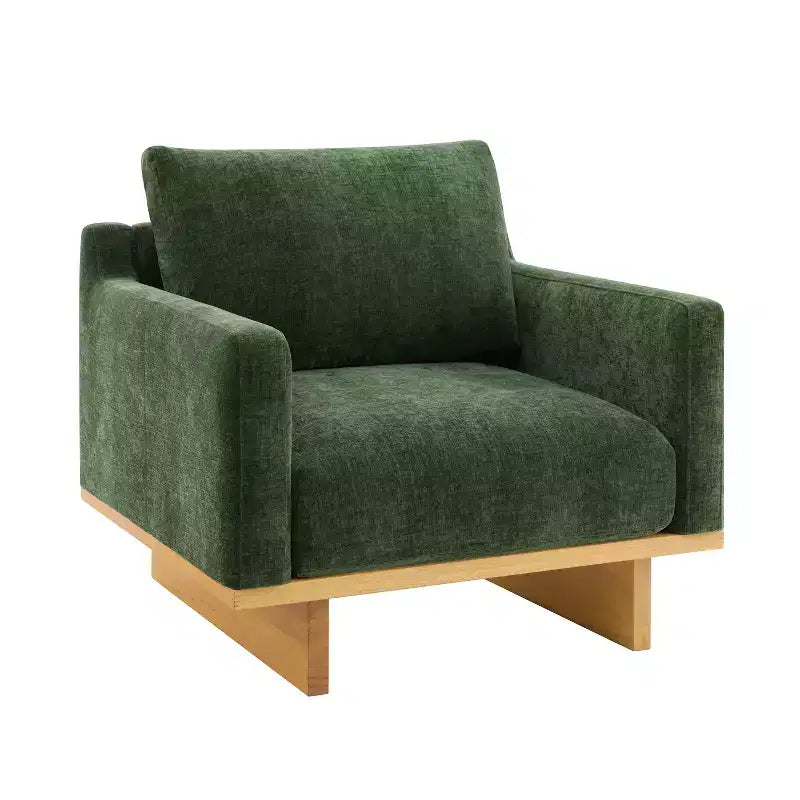 Poltrona moderna Niran in legno di gomma con rivestimento in bouclé e morbido cuscino