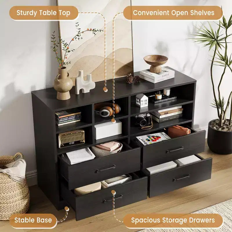 Cassettiera, Mobile contenitore - 2 Pezzi Nero con 4 Cassetti e Organizer a 6 Ripiani, Mobile TV per Televisore da 55 Pollici, Comodino in Legno per Camera da Letto, Soggiorno, Ingresso
