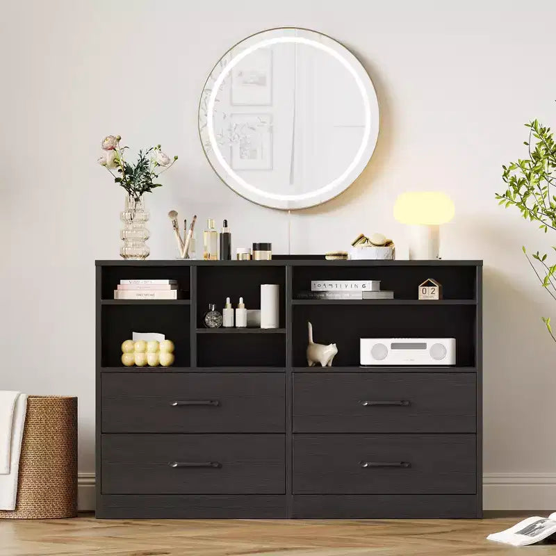 Cassettiera, Mobile contenitore - 2 Pezzi Nero con 4 Cassetti e Organizer a 6 Ripiani, Mobile TV per Televisore da 55 Pollici, Comodino in Legno per Camera da Letto, Soggiorno, Ingresso