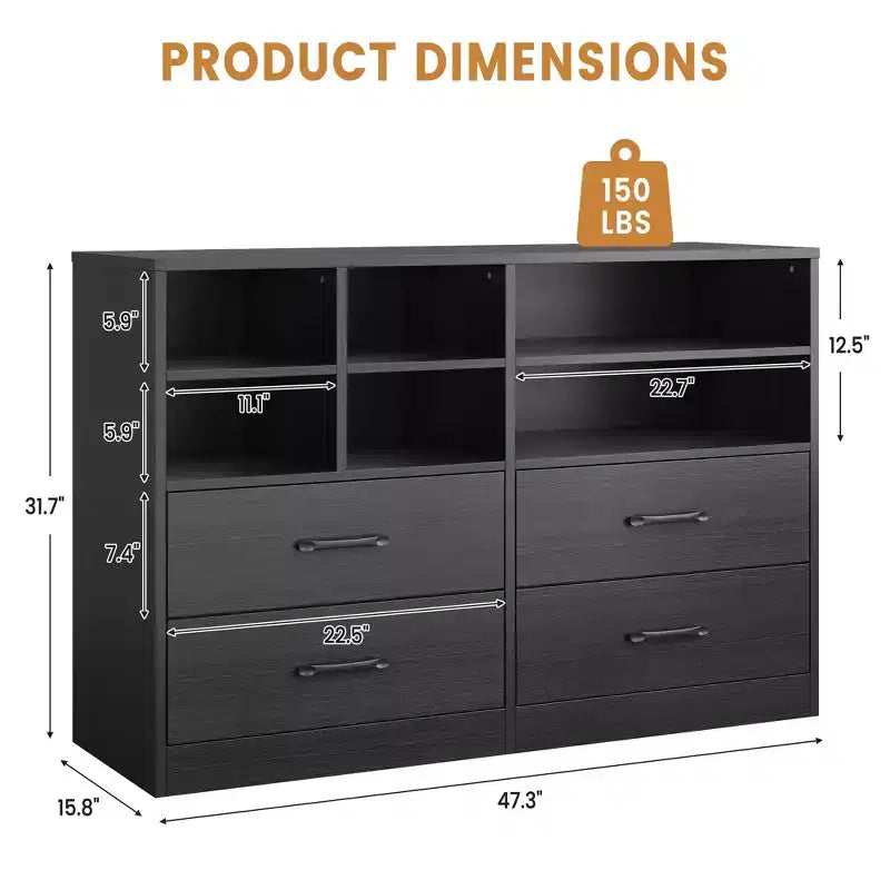 Cassettiera, Mobile contenitore - 2 Pezzi Nero con 4 Cassetti e Organizer a 6 Ripiani, Mobile TV per Televisore da 55 Pollici, Comodino in Legno per Camera da Letto, Soggiorno, Ingresso