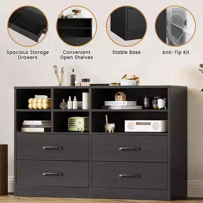 Cassettiera, Mobile contenitore - 2 Pezzi Nero con 4 Cassetti e Organizer a 6 Ripiani, Mobile TV per Televisore da 55 Pollici, Comodino in Legno per Camera da Letto, Soggiorno, Ingresso