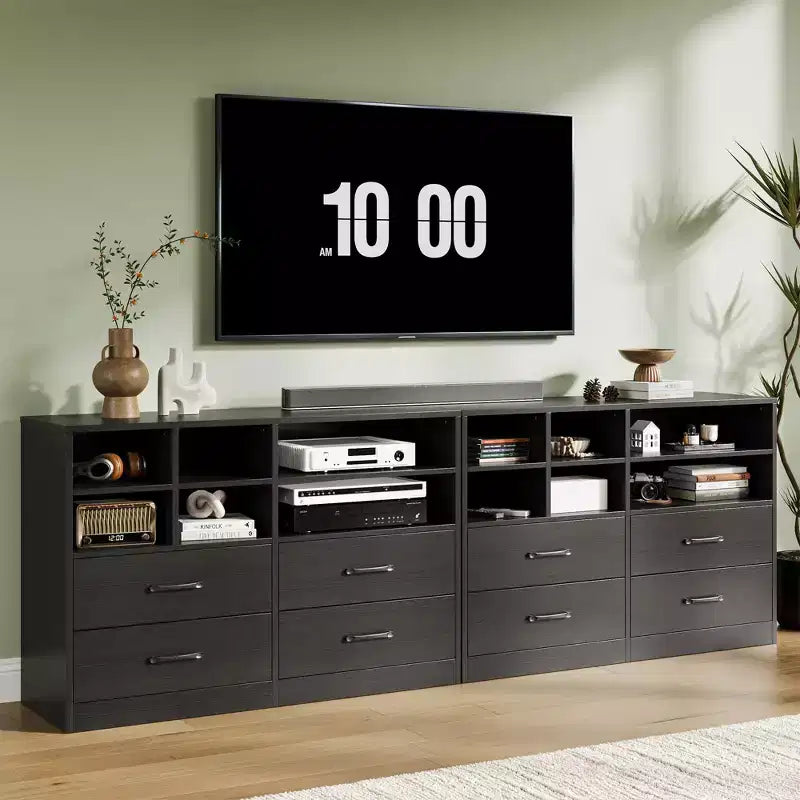 Cassettiera, Mobile contenitore - 2 Pezzi Nero con 4 Cassetti e Organizer a 6 Ripiani, Mobile TV per Televisore da 55 Pollici, Comodino in Legno per Camera da Letto, Soggiorno, Ingresso
