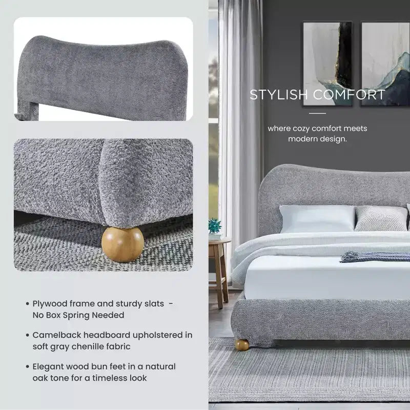 Letto a piattaforma imbottito queen size contemporaneo Lunara con piedini a cipolla