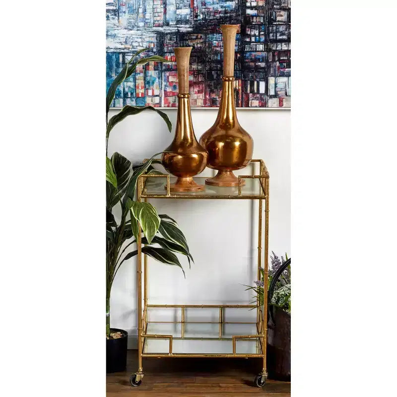 Carrello Bar Quadrato Contemporaneo con 2 Ripiani a Specchio Oro