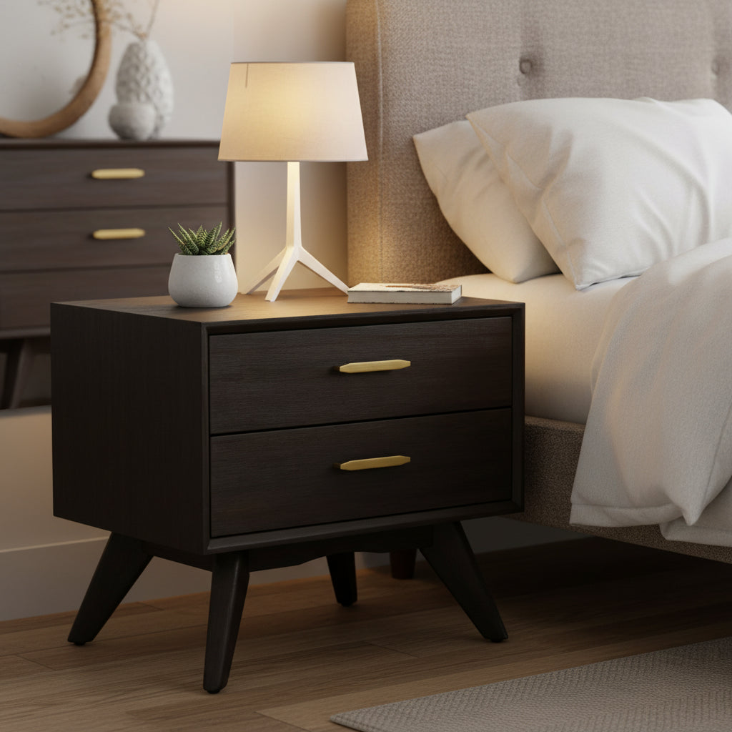 2 Drawer Baly Mid-Century Modern Nightstand Brown - Armen Living: Bedside Table with Storage, Wood Frame