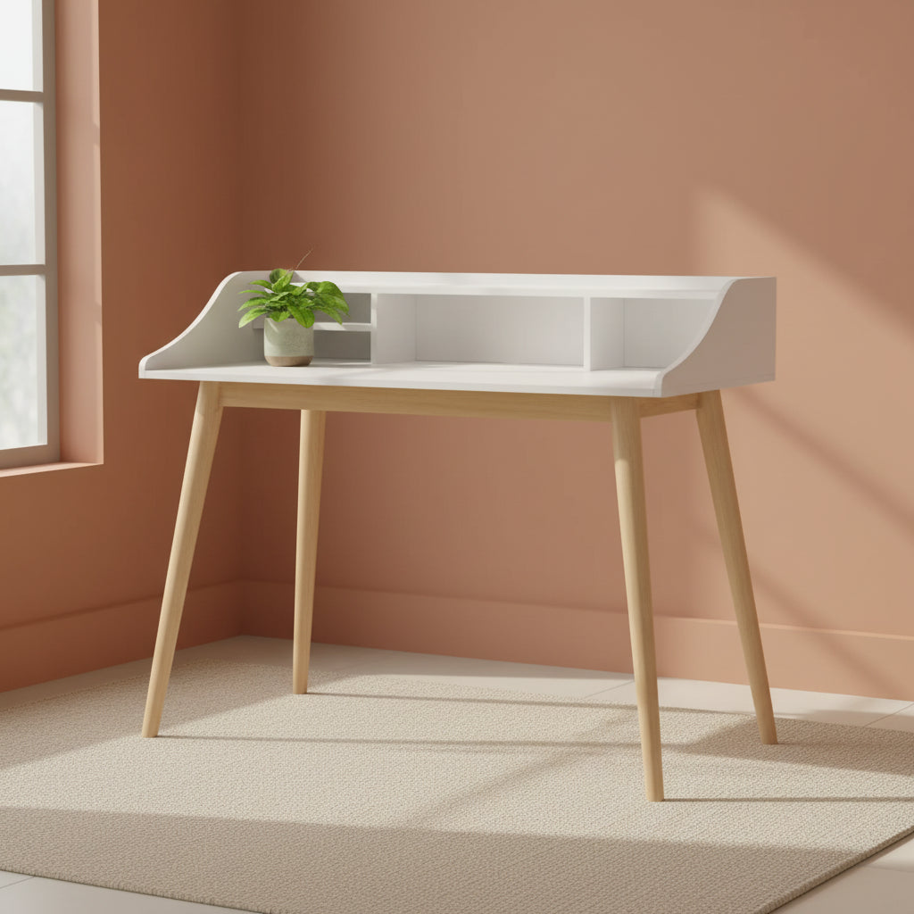 Alton Writing Desk White - Adore Decor: Mid-Century Modern, Open Storage, Rubberwood Legs
