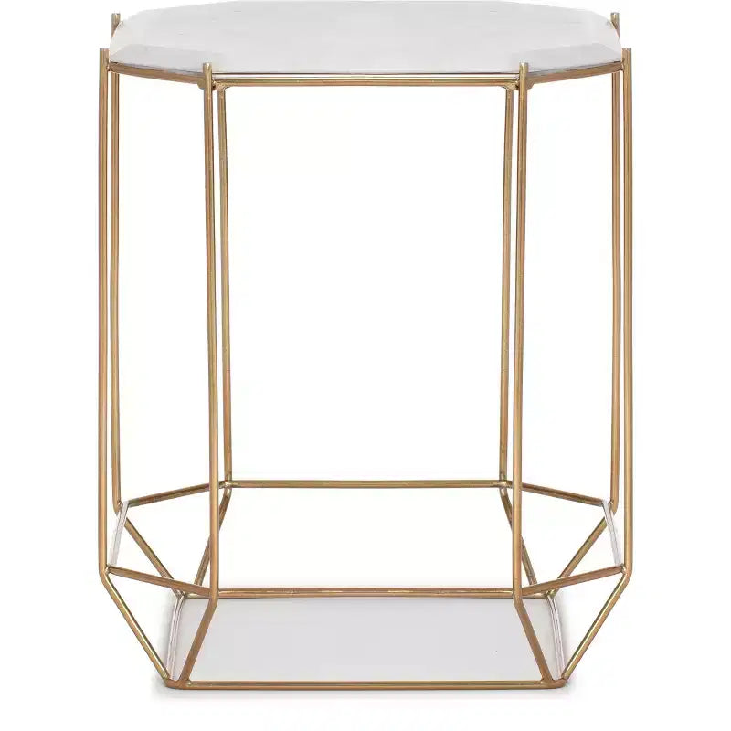 Tavolino d'appoggio Colton con piano in marmo massiccio e base in metallo Bianco/Oro: Stile Glamour di Lusso, Struttura in Ferro, Forma Quadrata