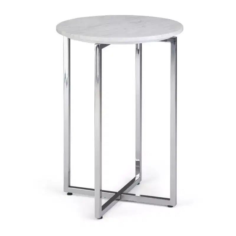 18" Farnell Contemporary Wide Metal Accent Side Table with Chrome Base White/Silver - WyndenHall: Marble Top, Round End Table