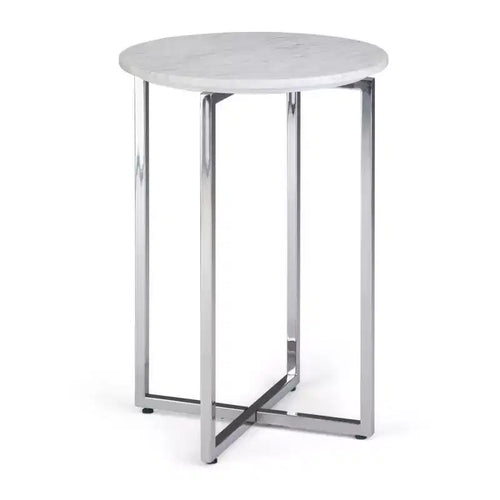 18" Farnell Contemporary Wide Metal Accent Side Table with Chrome Base White/Silver - WyndenHall: Marble Top, Round End Table