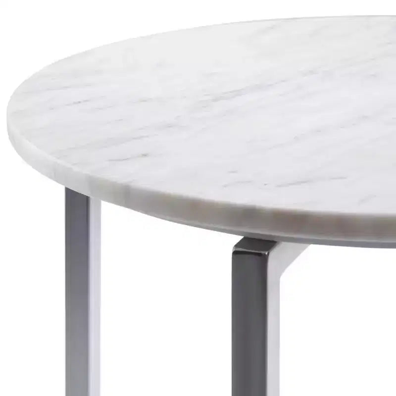 Tavolino d'appoggio Farnell Contemporary in Metallo Largo 45 cm con Base Cromata Bianco/Argento: Piano in Marmo, Tavolino Rotondo