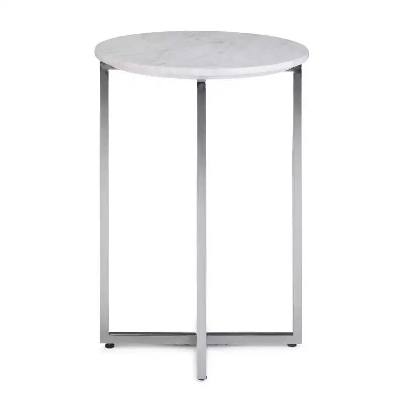 Tavolino d'appoggio Farnell Contemporary in Metallo Largo 45 cm con Base Cromata Bianco/Argento: Piano in Marmo, Tavolino Rotondo