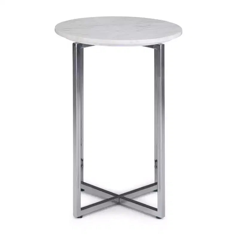 Tavolino d'appoggio Farnell Contemporary in Metallo Largo 45 cm con Base Cromata Bianco/Argento: Piano in Marmo, Tavolino Rotondo