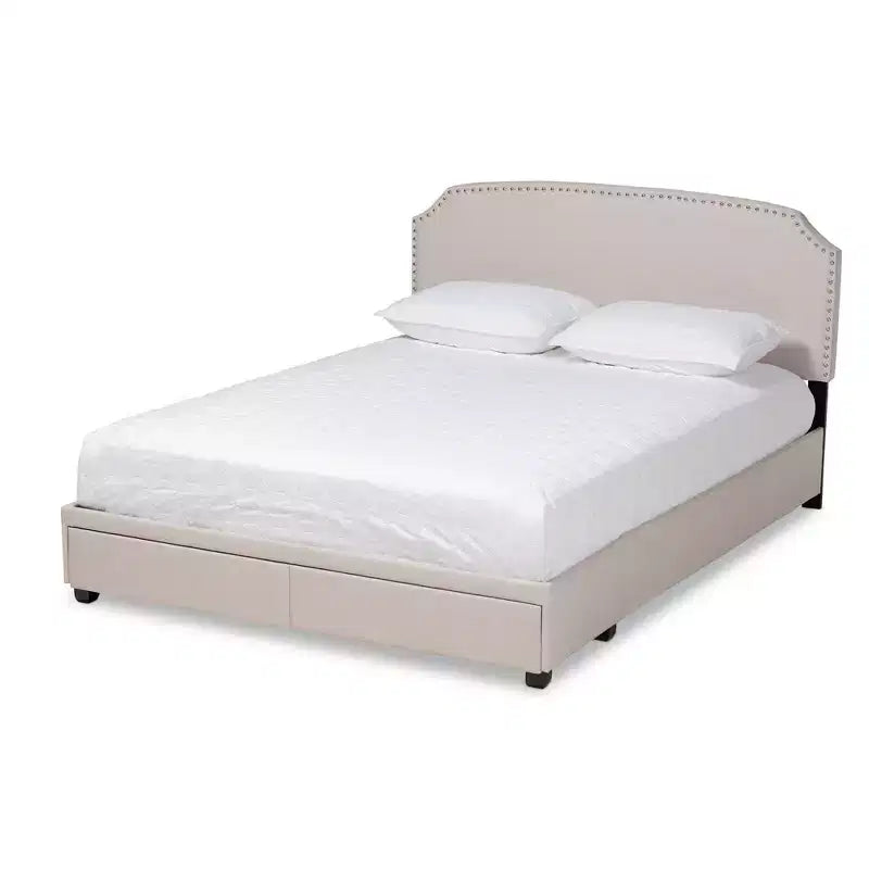 Baxton Studio Queen Larese Fabric Upholstered 2 Drawer Platform Storage Bed Beige/Black: Mid-Century Modern, No Box Spring Needed