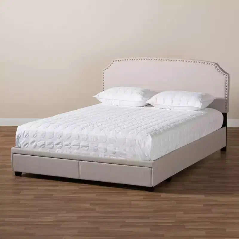 Letto Queen Larese con contenitore a piattaforma e 2 cassetti, rivestito in tessuto beige/nero: moderno di metà secolo, non necessita di rete a molle