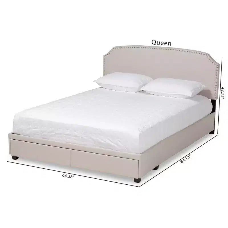 Letto Queen Larese con contenitore a piattaforma e 2 cassetti, rivestito in tessuto beige/nero: moderno di metà secolo, non necessita di rete a molle