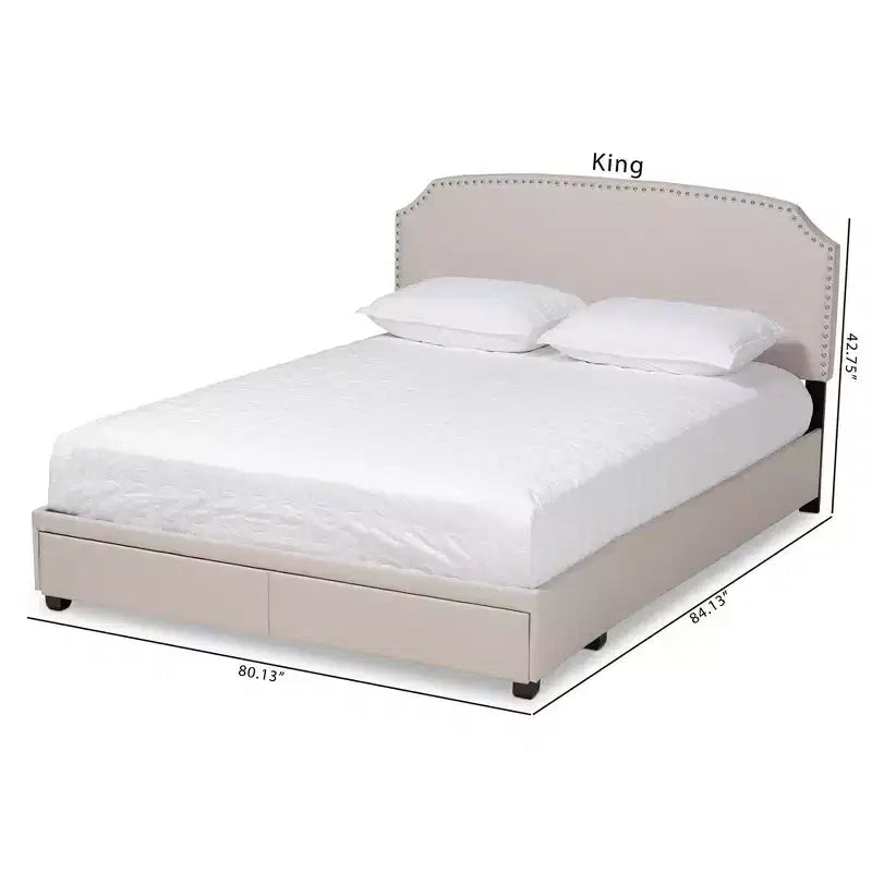 Letto Queen Larese con contenitore a piattaforma e 2 cassetti, rivestito in tessuto beige/nero: moderno di metà secolo, non necessita di rete a molle