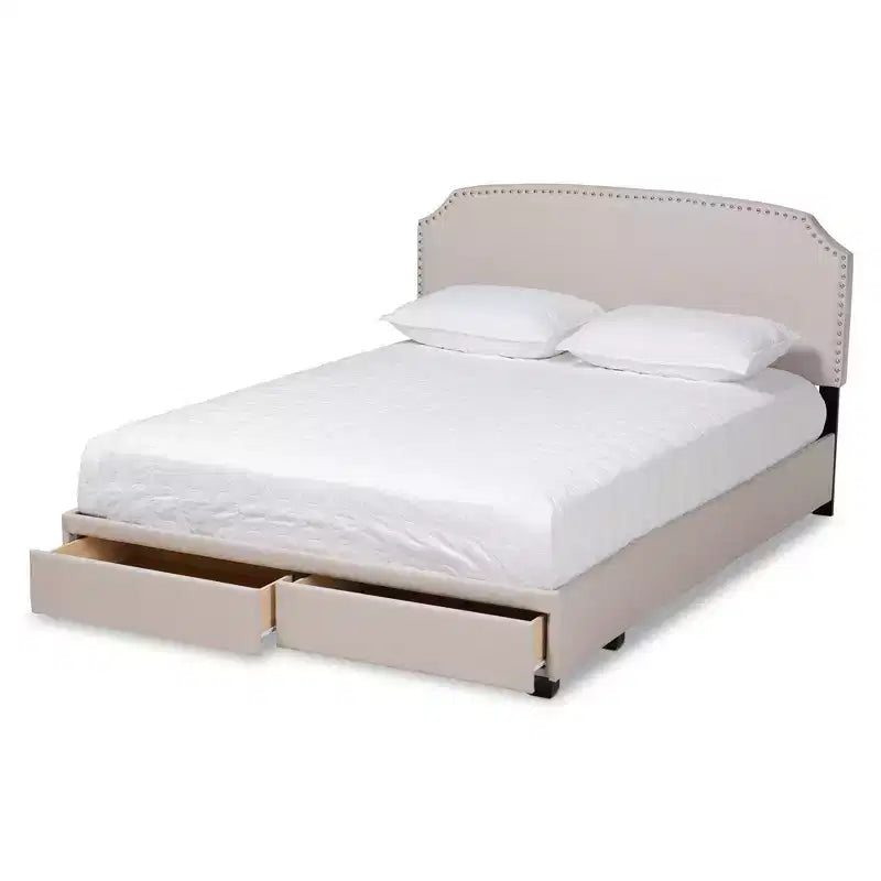 Letto Queen Larese con contenitore a piattaforma e 2 cassetti, rivestito in tessuto beige/nero: moderno di metà secolo, non necessita di rete a molle