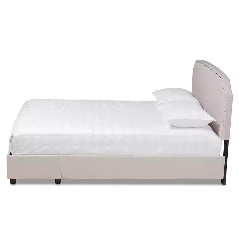 Letto Queen Larese con contenitore a piattaforma e 2 cassetti, rivestito in tessuto beige/nero: moderno di metà secolo, non necessita di rete a molle