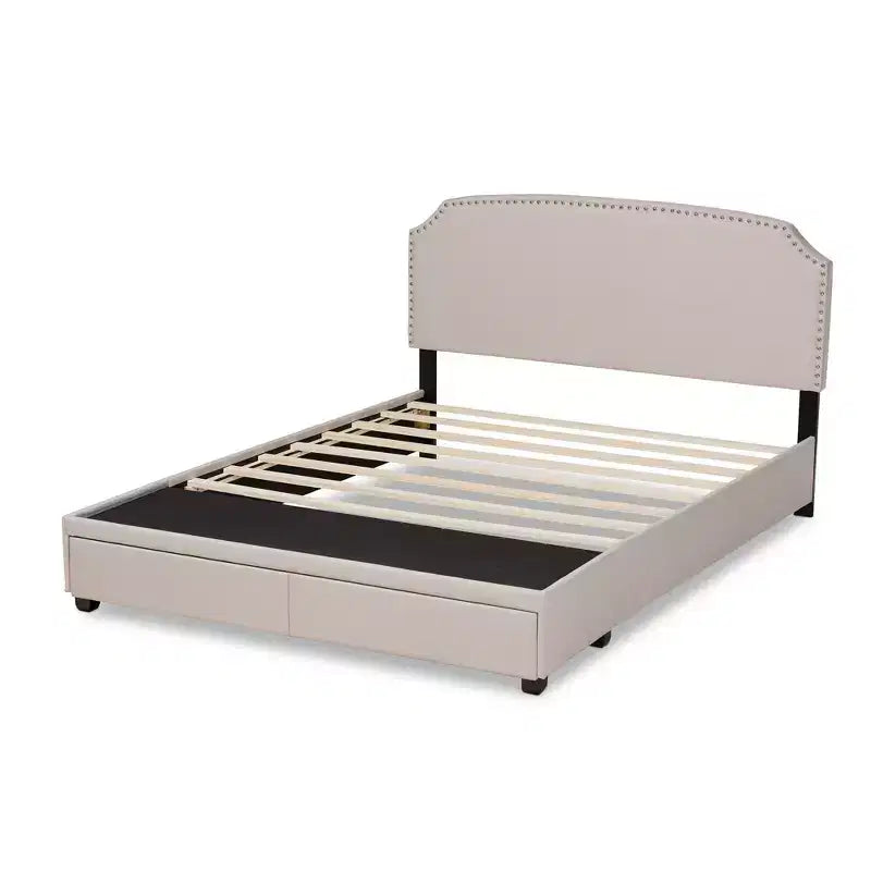 Letto Queen Larese con contenitore a piattaforma e 2 cassetti, rivestito in tessuto beige/nero: moderno di metà secolo, non necessita di rete a molle