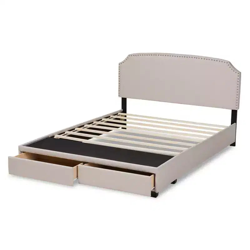 Letto Queen Larese con contenitore a piattaforma e 2 cassetti, rivestito in tessuto beige/nero: moderno di metà secolo, non necessita di rete a molle