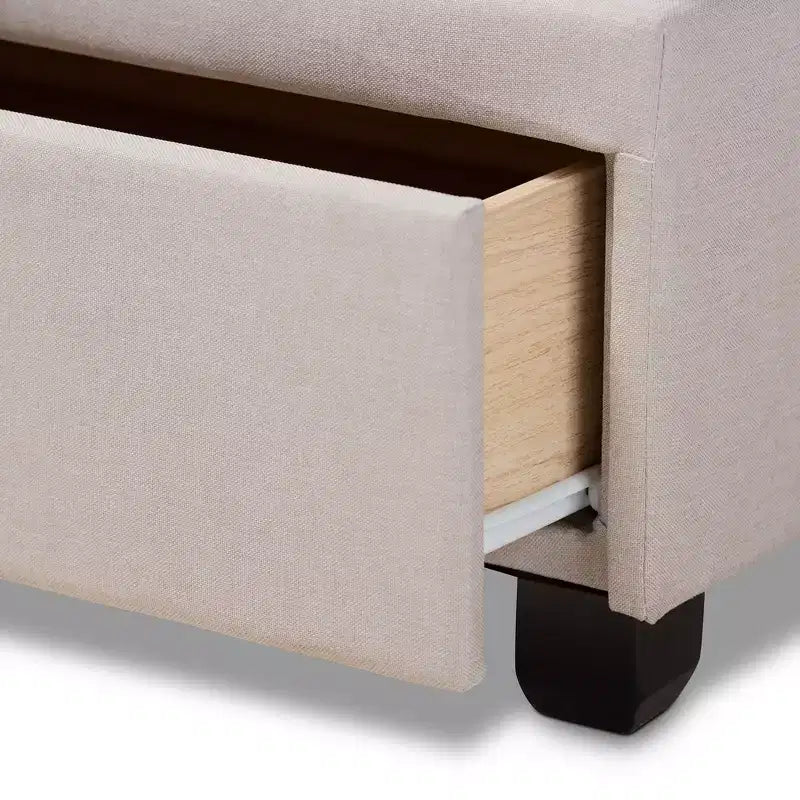 Letto Queen Larese con contenitore a piattaforma e 2 cassetti, rivestito in tessuto beige/nero: moderno di metà secolo, non necessita di rete a molle