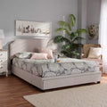 Letto Queen Larese con contenitore a piattaforma e 2 cassetti, rivestito in tessuto beige/nero: moderno di metà secolo, non necessita di rete a molle