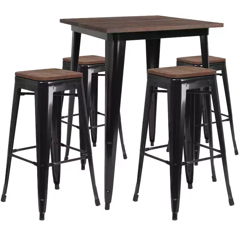 Flash Furniture 31.5 Square Metal Bar Table Set with Wood Top and 4 Backless Stools